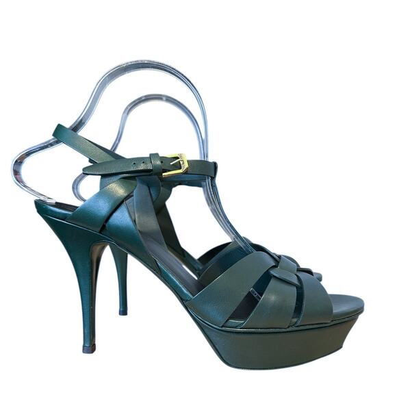 Saint Laurent Tribute Dark Leaf Green Leather Platform High Heel Sandals EU 40 - Picture 2 of 11